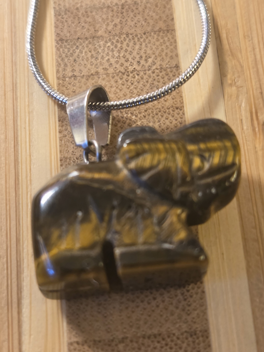 Elephant Pendant Necklace - Brown Tiger Eye Stone Sterling Silver Chain